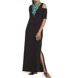 Chico’s Cold Shoulder Navy Stretch Knit Maxi Dress Size 1 (Medium/8)